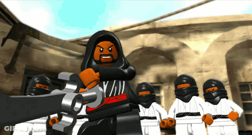 Lego Ninjas Standing In Front Of Building One Holding Gun GIF