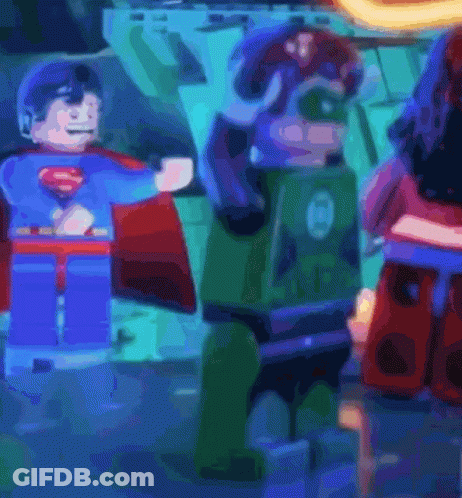 Lego Superman And Green Lantern Standing Together GIF