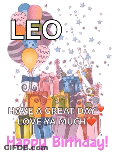 Leo Birthday Card With Balloons And Presents GIF