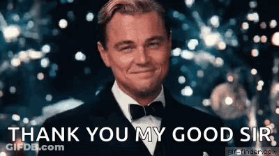 Leonardo Dicaprio Is Wearing A Tuxedo And Bow Tie And Smiling While Saying `` Thank You My Good Sir '' . GIF