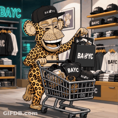 Leopard Pushing Shopping Cart With BAYC Bags GIF