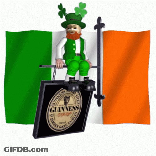 Leprechaun On Guinness Sign With Irish Flag GIF