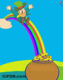 Leprechaun Sitting On Pot Of Gold With Rainbow GIF