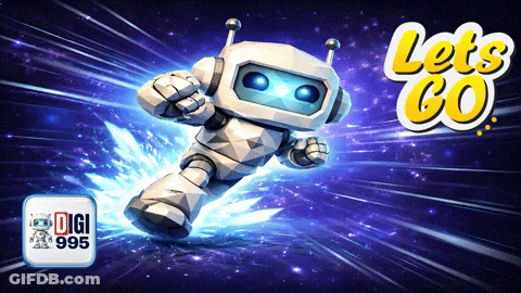 Let's Go Advertisement Robot Flying Through Space GIF