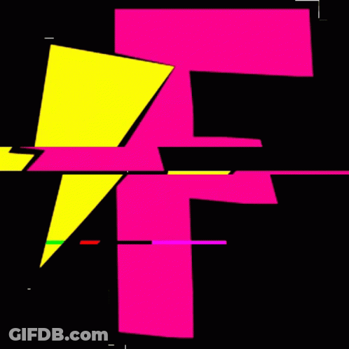 Letter F Surrounded By Bright Geometric Shapes On Black GIF