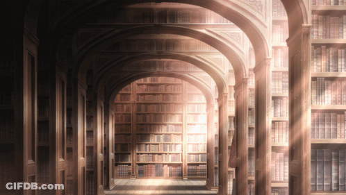 Library With Books On Shelves And Arches GIF