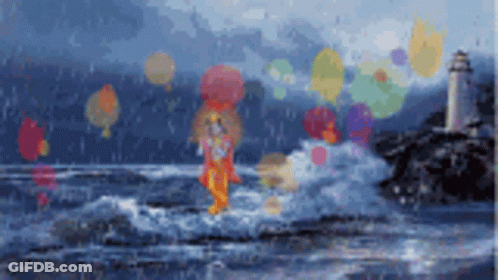 Lighthouse In Ocean With Balloons GIF