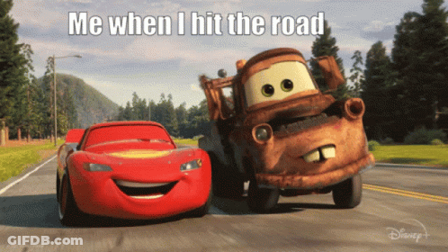 Lightning Mcqueen And Tow Truck Mater From Cars Are Driving Down The Road GIF