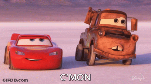 Lightning Mcqueen And Tow Truck Mater From Cars Are Standing Next To Each Other GIF