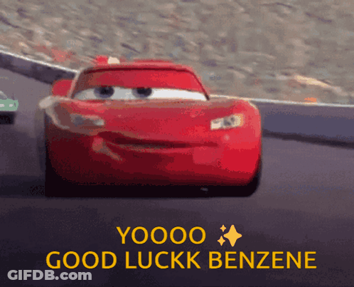 Lightning Mcqueen From Cars Is Driving Down A Race Track And Says Good Luckk Benzene GIF