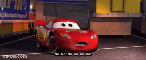 Lightning Mcqueen From The Movie Cars Is Standing In A Parking Lot Talking To Someone . GIF