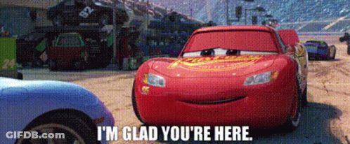 Lightning Mcqueen From The Movie Cars Is Standing Next To A Blue Car . GIF