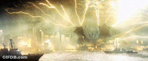 Lightning Strikes Over City At Night With Boat GIF