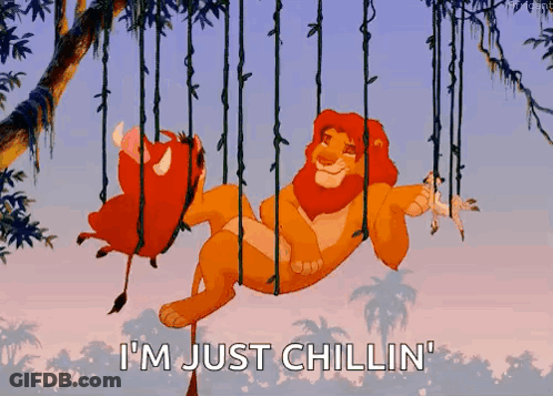 Lion And Baboon Swinging From Tree Saying I'm Just Chillin GIF