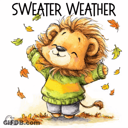 Lion In Green And Yellow Sweater Saying Sweater Weather GIF