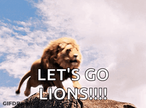 Lion Jumping Over Rock Saying Let's Go Lions GIF