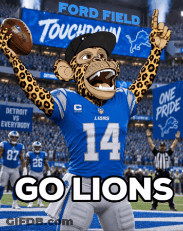 Lion Mascot Holding Football In Front Of Ford Field Sign GIF