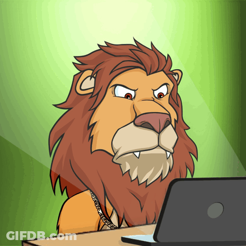 Lion Sitting At Desk Looking At Laptop GIF