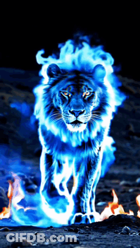 Lion Surrounded By Blue Flames And Fire GIF