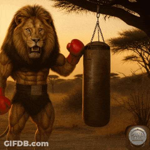 Lion Wearing Boxing Gloves Holding Punching Bag GIF