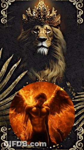 Lion Wearing Crown Next To Angel GIF