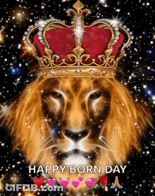 Lion Wearing Crown With Words Happy Born Day GIF