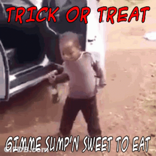 Little Boy Dancing In Front Of Car Trick Or Treat Gimme Sumpin Sweet To Eat GIF
