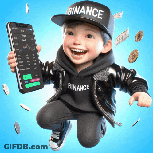 Little Boy In Binance Hat Holding Phone GIF
