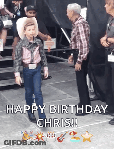 Little Boy In Cowboy Outfit Walking On Stage Saying Happy Birthday Chris GIF