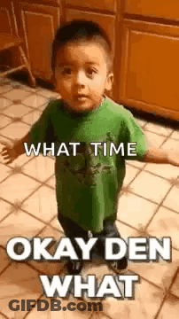 Little Boy In Green Shirt In Kitchen GIF