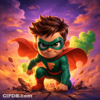 Little Boy In Green Superhero Costume With Letter F GIF