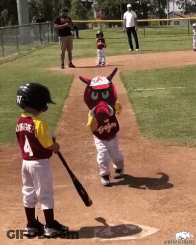Little Boy In Jersey Number 4 Playing Baseball With Mascot GIF