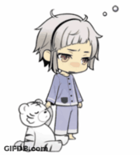Little Boy In Pajamas Standing Next To White Teddy Bear GIF