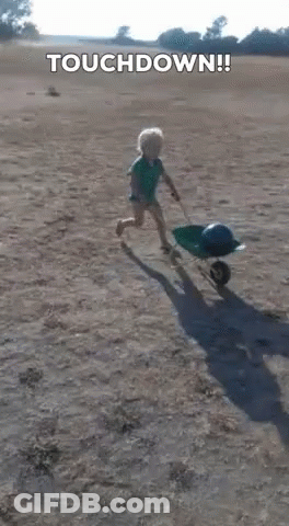 Little Boy Pushing Wheelbarrow On Beach Saying Touchdown GIF