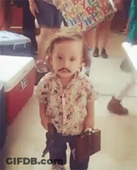 Little Boy With Fake Mustache Holding Suitcase And Gun GIF