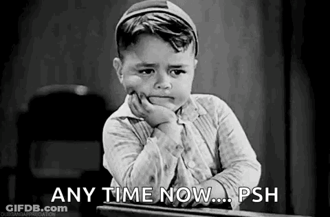 Little Boy With Hand On Chin Saying Any Time Now Psh GIF