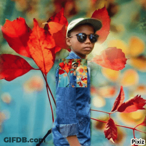 Little Boy With Sunglasses And Hat Among Leaves GIF