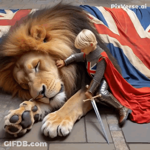 Little Boy With Sword Petting Lion GIF