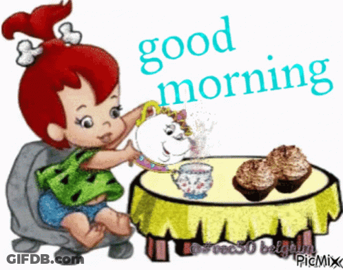 Little Girl At Table With Cupcakes Saying Good Morning GIF