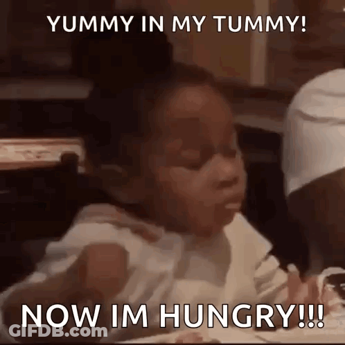 Little Girl Eating Food Saying Yummy In My Tummy Now Im Hungry GIF