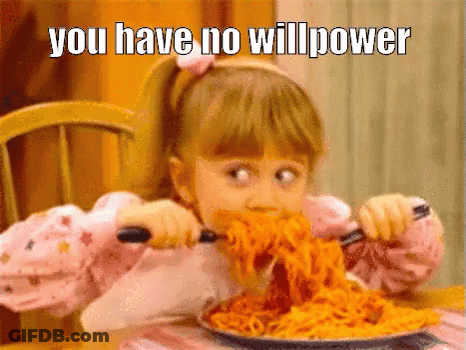 Little Girl Eating Spaghetti With Knife And Fork Saying You Have No Will Power GIF