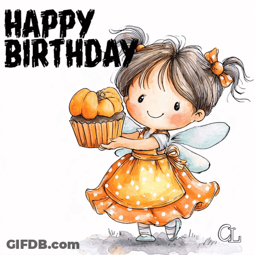 Little Girl Holding Cupcake And Pumpkin Happy Birthday GIF