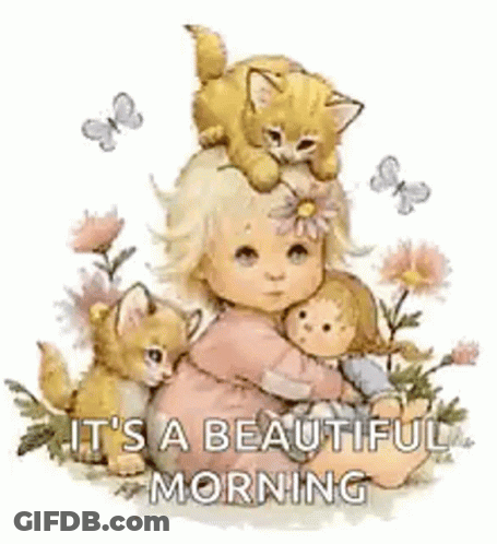 Little Girl Holding Doll And Kitten GIF