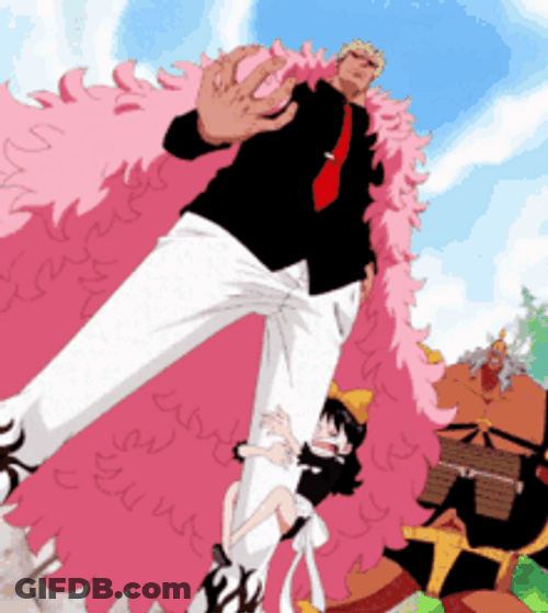 Little Girl Holding Donquixote Doflamingo's Leg GIF