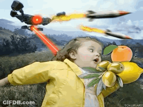 Little Girl Holding Lemons And Orange, Robot Shooting Missiles GIF