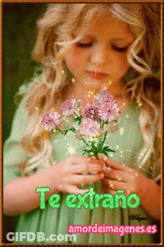 Little Girl Holding Pink Flowers Te Extrano GIF
