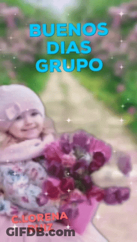 Little Girl Holding Purple Flowers Buenos Dias Grupo GIF