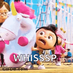 Little Girl Holding Stuffed Unicorn Saying Whisssp GIF