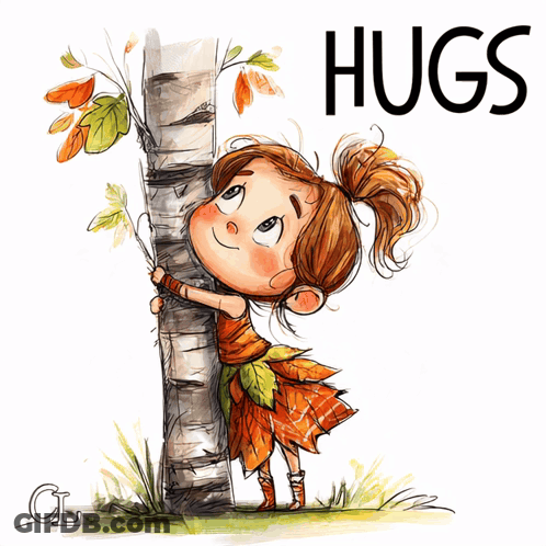 Little Girl Hugging Tree Saying Hugs GIF