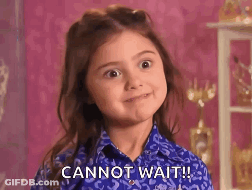 Little Girl In Blue Shirt Making Funny Face Saying Cannot Wait GIF